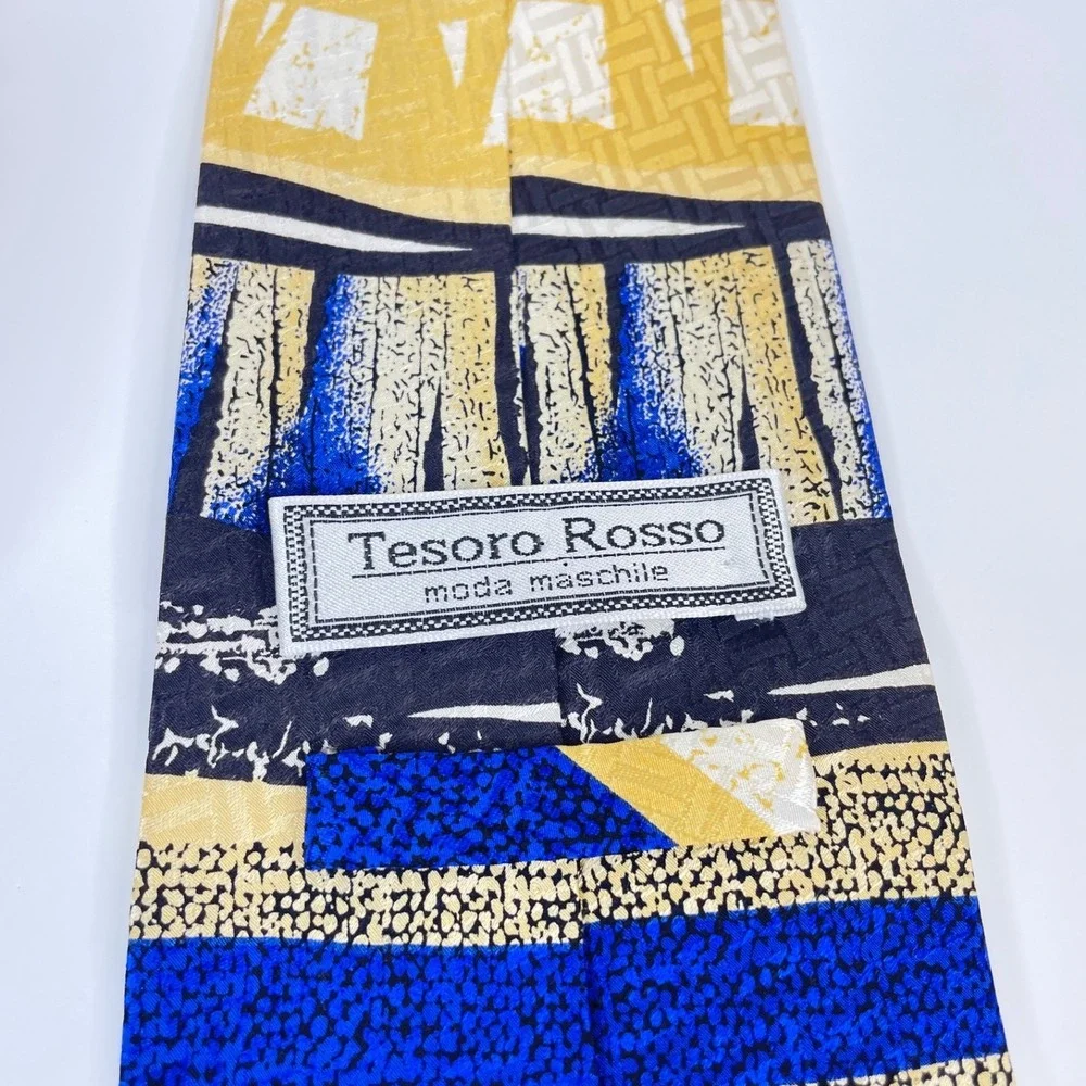 Tesoro‎ Rosso Retro Abstract Necktie Mens Silk Blue Yellow Black Urban Chic Work
